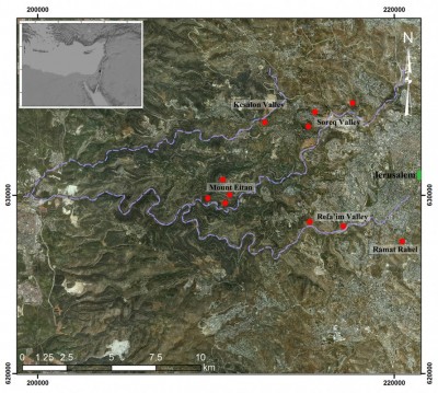 Figure 3. Location of studied terraced landscapes (marked in red) in the Jerusalem Highlands (see inset); the main channels of Kesalon, Soreq and Refa’im Valleys are indicated. 